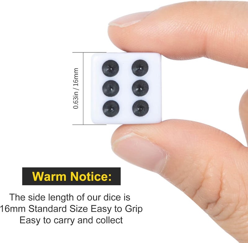 DAGONGREN 100 Pack 16MM White Dice - Six Sided Standard Opaque White Dice with Black Pips Dots for Board Games (100 Pack) - Image 3
